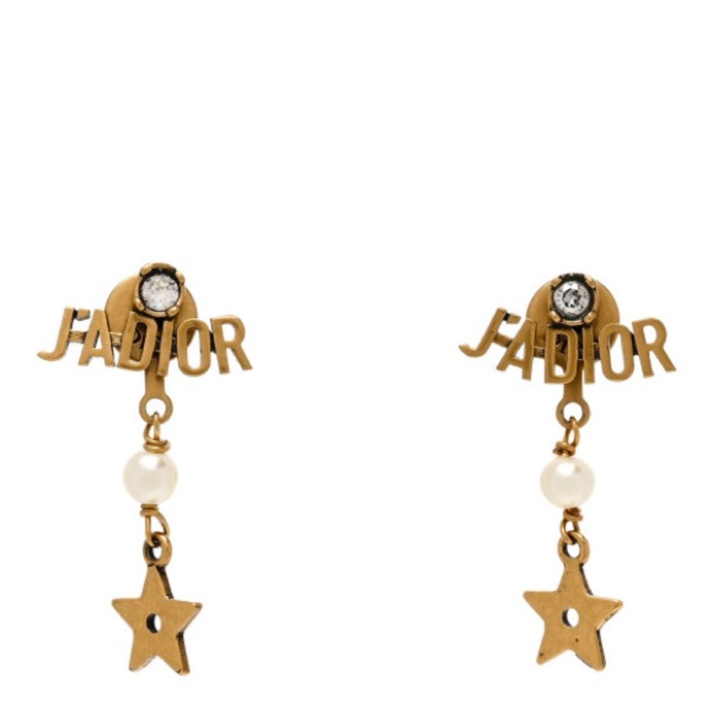CHRISTIAN DIOR Pearl Crystal Star J'adior Drop Earrings Antique Gold